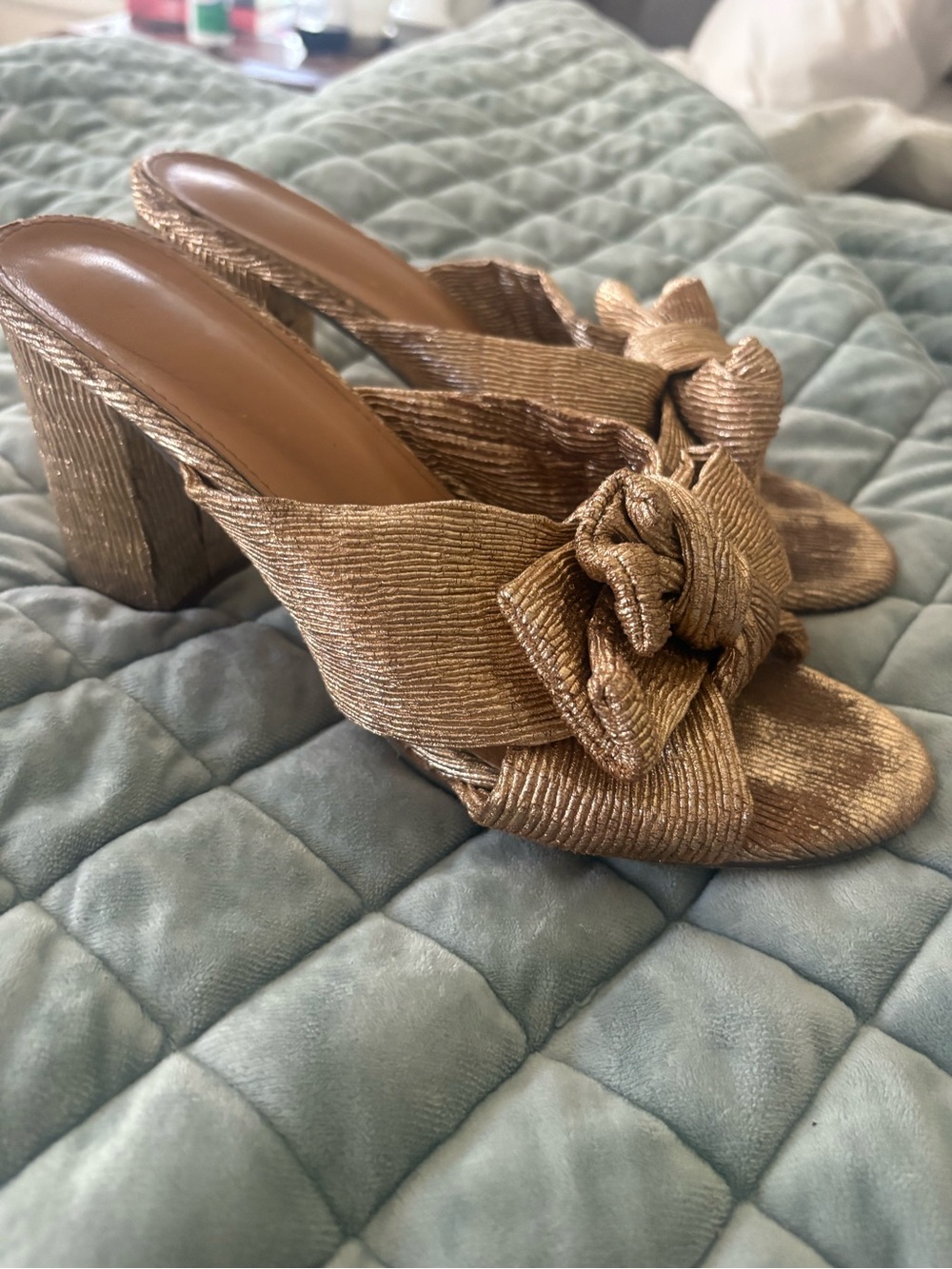 Lulu's Shimmery Knot-Front Block Heels in Gold